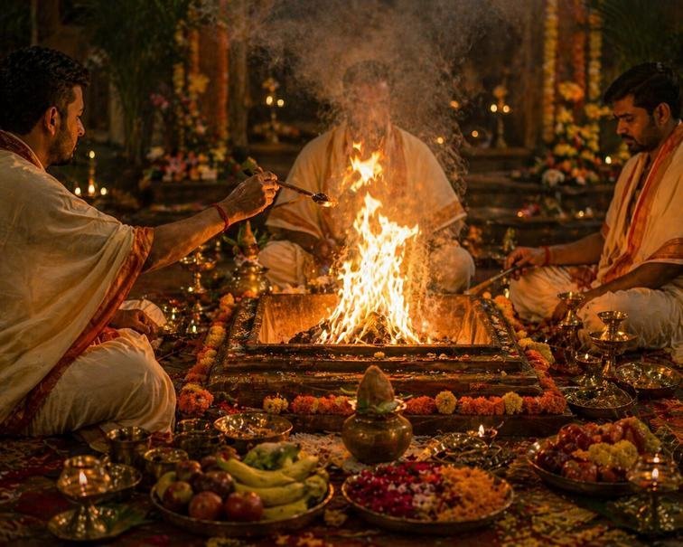 Sacred Vedic Hawan fire ceremony with pandits at Kaya Kalp Kutir, Kumbh Ganga Retreat — marigold offerings, brass lamps, sacred fire