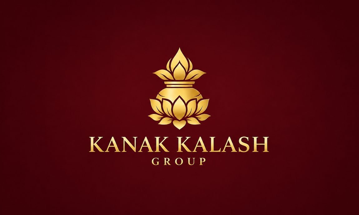 Kanak Kalash & Group — golden kalash and lotus emblem on deep maroon
